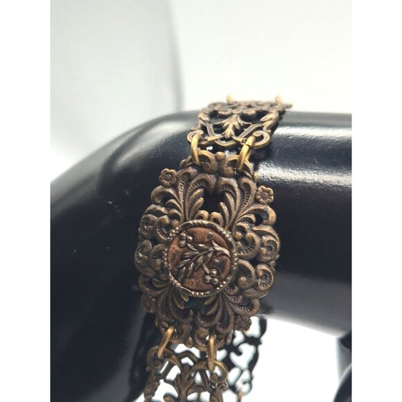 Vintage Brass Filigree Link Bracelet Floral Centerpiece Art Deco Revival - Picture 5 of 5